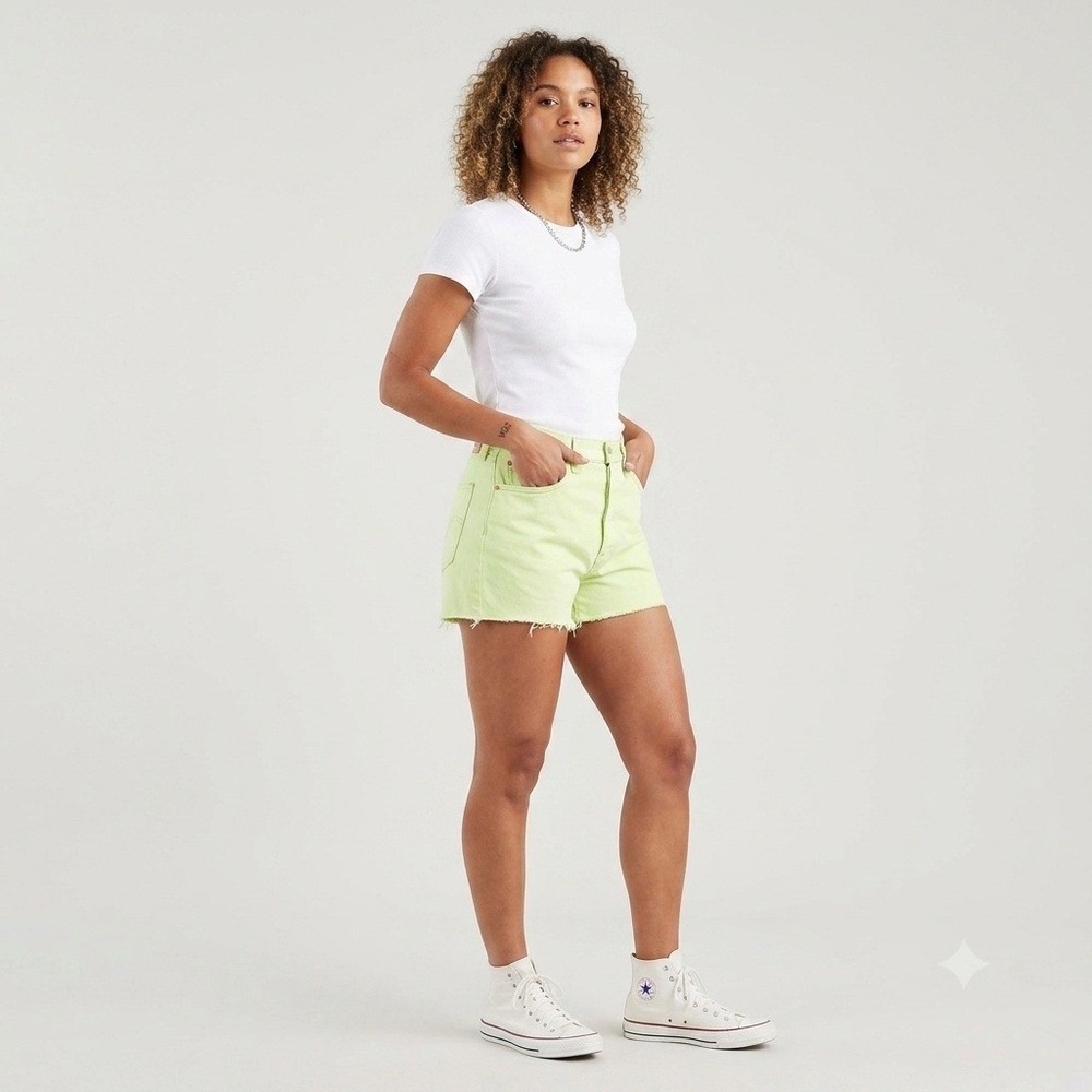 Levi's 501 Original Shorts Women W32 Lime Green High Rise Raw Hem Denim